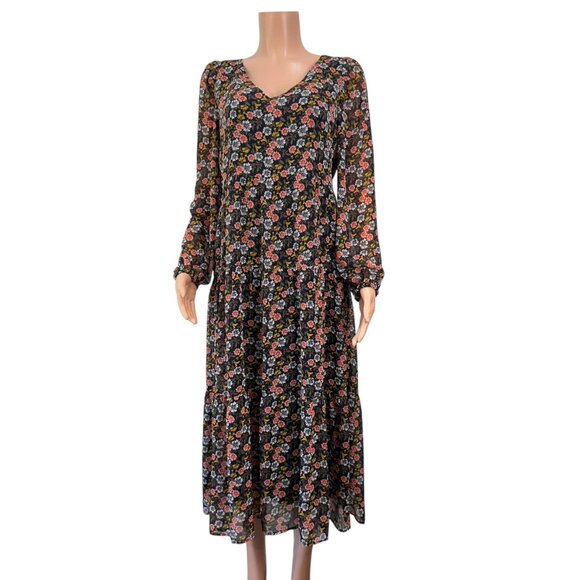 Loft Floral V-Neck Long Sleeve Tiered Midi Dress Women SZ 10 Back Zipper Closure - Picture 12 of 12